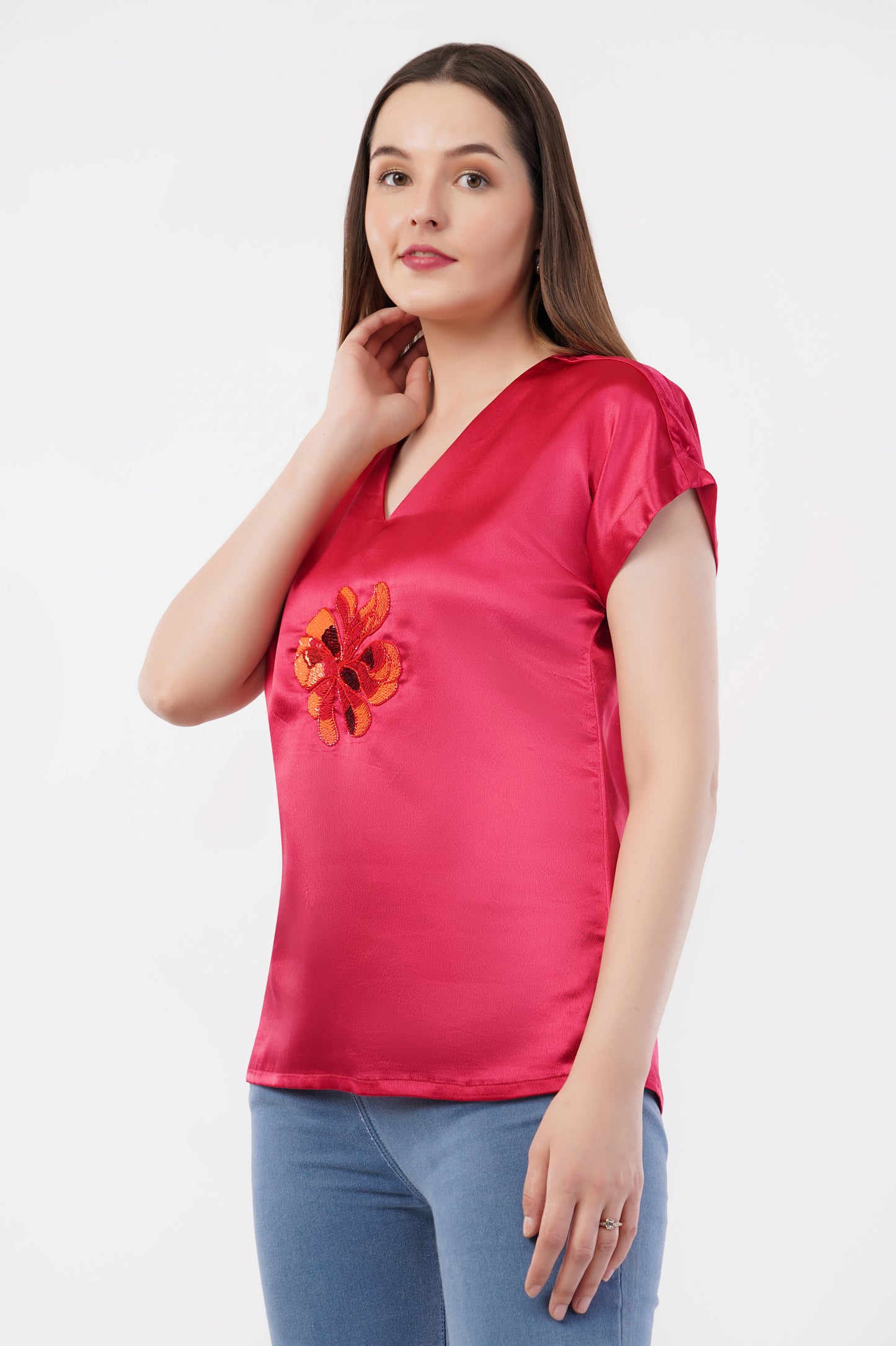 RED FLORAL V-NECK TOP