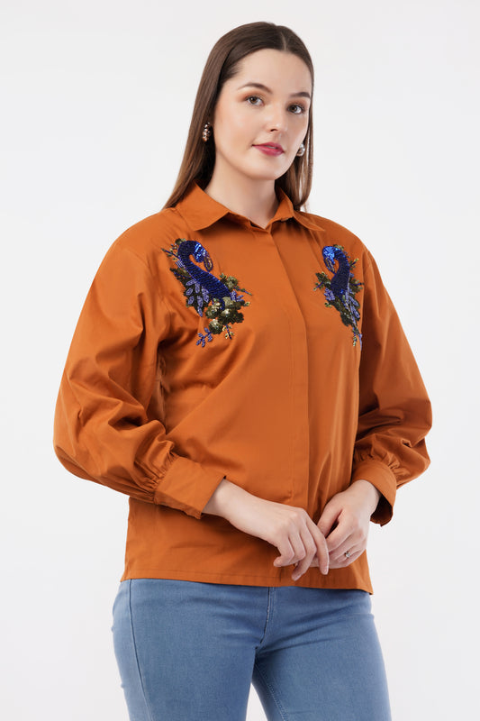 IVORY ORANGE PEACOCK SHIRT