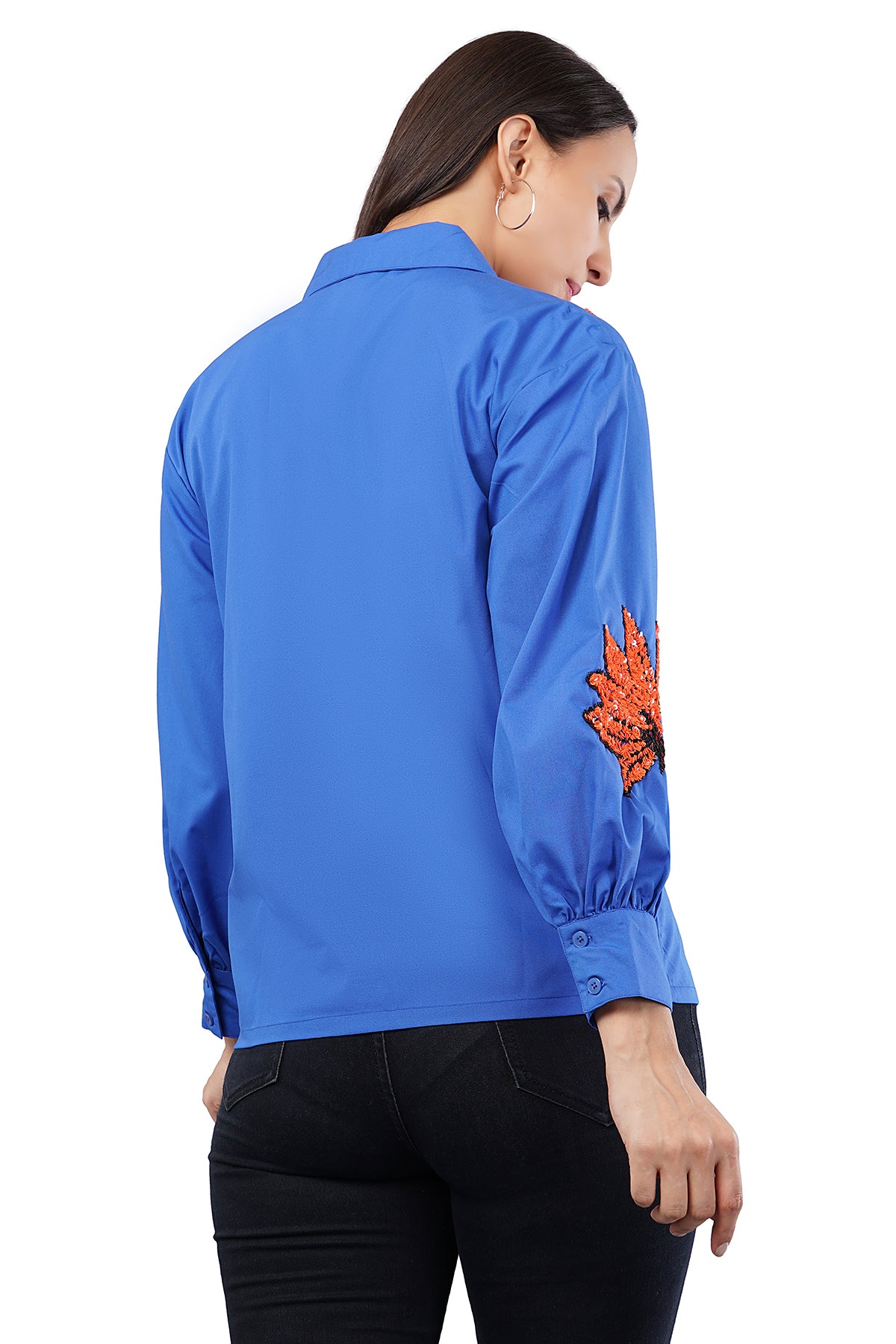 ORANGE FLORAL MOTIFS BLUE SHIRT