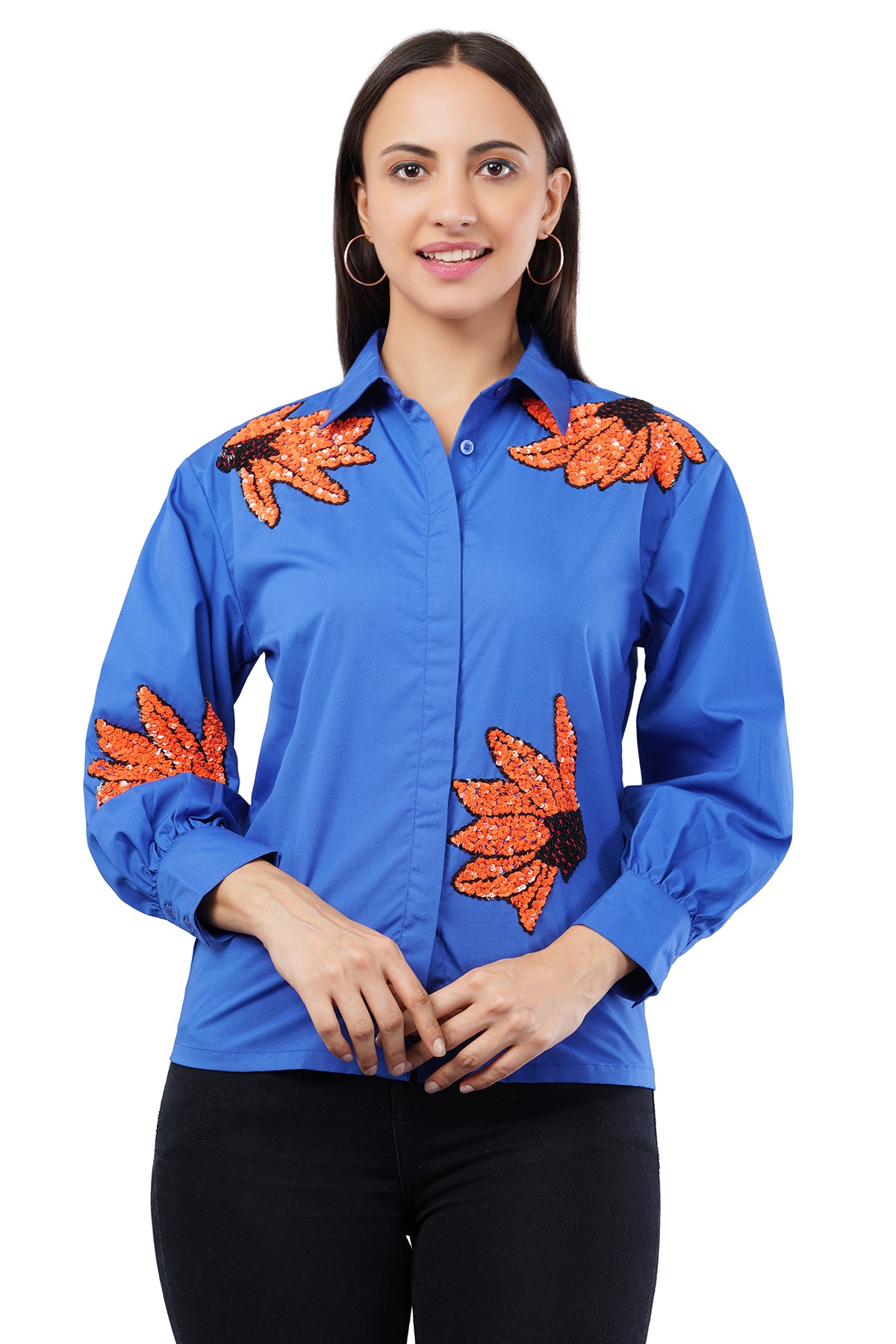 ORANGE FLORAL MOTIFS BLUE SHIRT